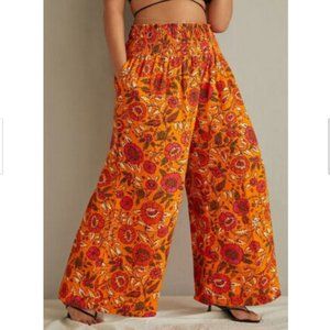 Anthropologie 3X Smocked Gauzy Wide-Leg Pants Floral Orange